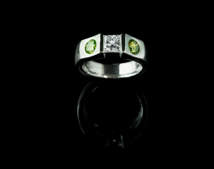 Platinum, white and green diamonds